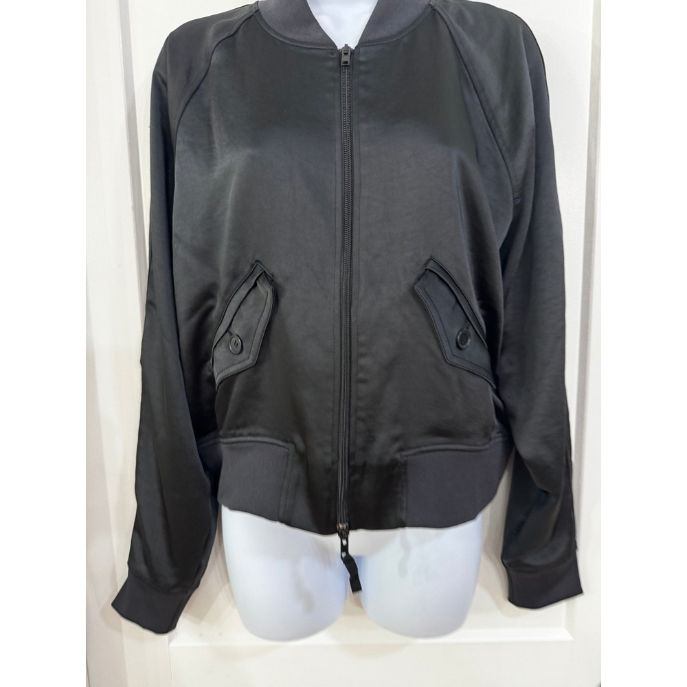 GSTQ Black Satin Bomber Jacket Full Zip Raglan Sleeve Utility Flight Jacket